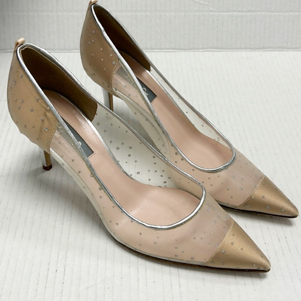 SJP by Sarah Jessica Parker Nude Mesh Pointed-Toe Heels with Silver Trim